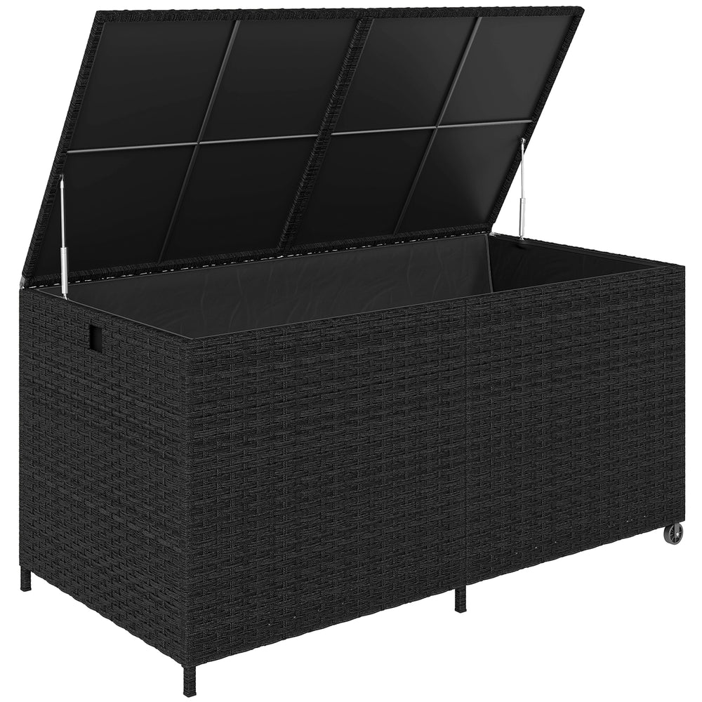 Outsunny 650L Garden Storage Box with 2 Wheels, Rattan Deck Box with Waterproof Zipped Liner, Safe Pneumatic Rods, Black