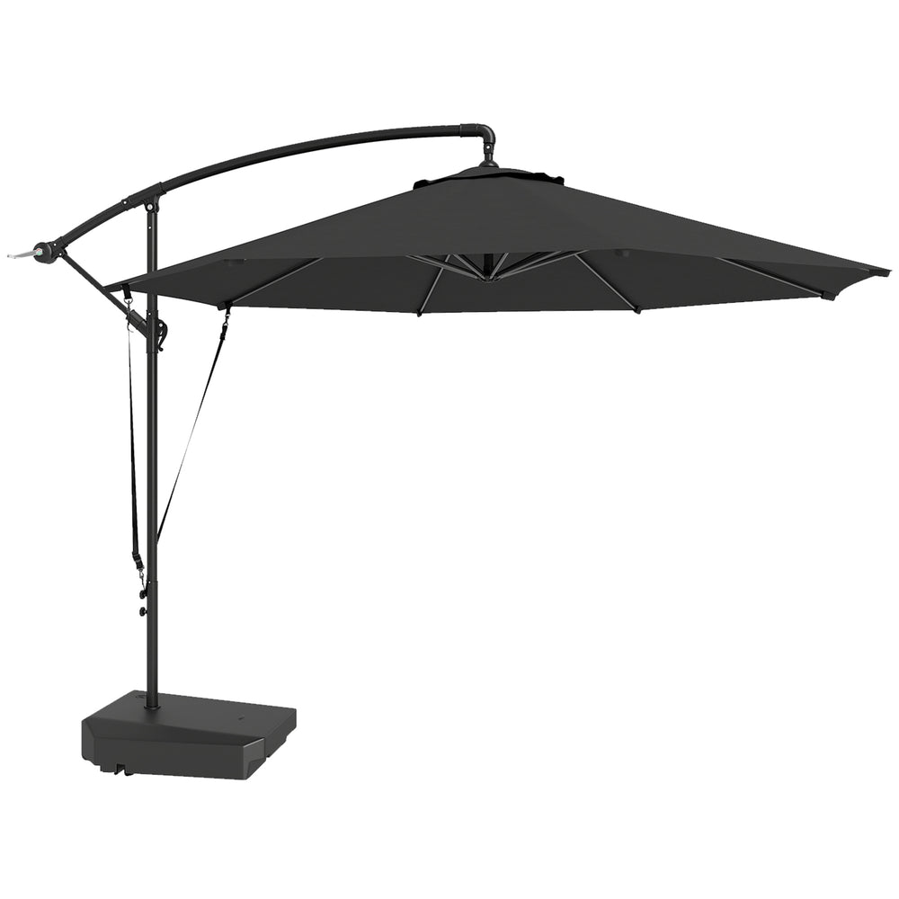 Outsunny 3(m) Garden Cantilever Parasol with Fillable Base up to 90kg, Wind Protection Strap, Cover, Round Banana Hanging Umbrella with Crank Handle and Tilt, UPF50+ Patio Umbrella, Grey