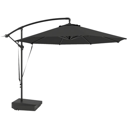 Outsunny 3(m) Garden Cantilever Parasol with Fillable Base up to 90kg, Wind Protection Strap, Cover, Round Banana Hanging Umbrella with Crank Handle and Tilt, UPF50+ Patio Umbrella, Grey
