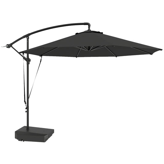 Outsunny 3(m) Garden Cantilever Parasol with Fillable Base up to 90kg, Wind Protection Strap, Cover, Round Banana Hanging Umbrella with Crank Handle and Tilt, UPF50+ Patio Umbrella, Grey