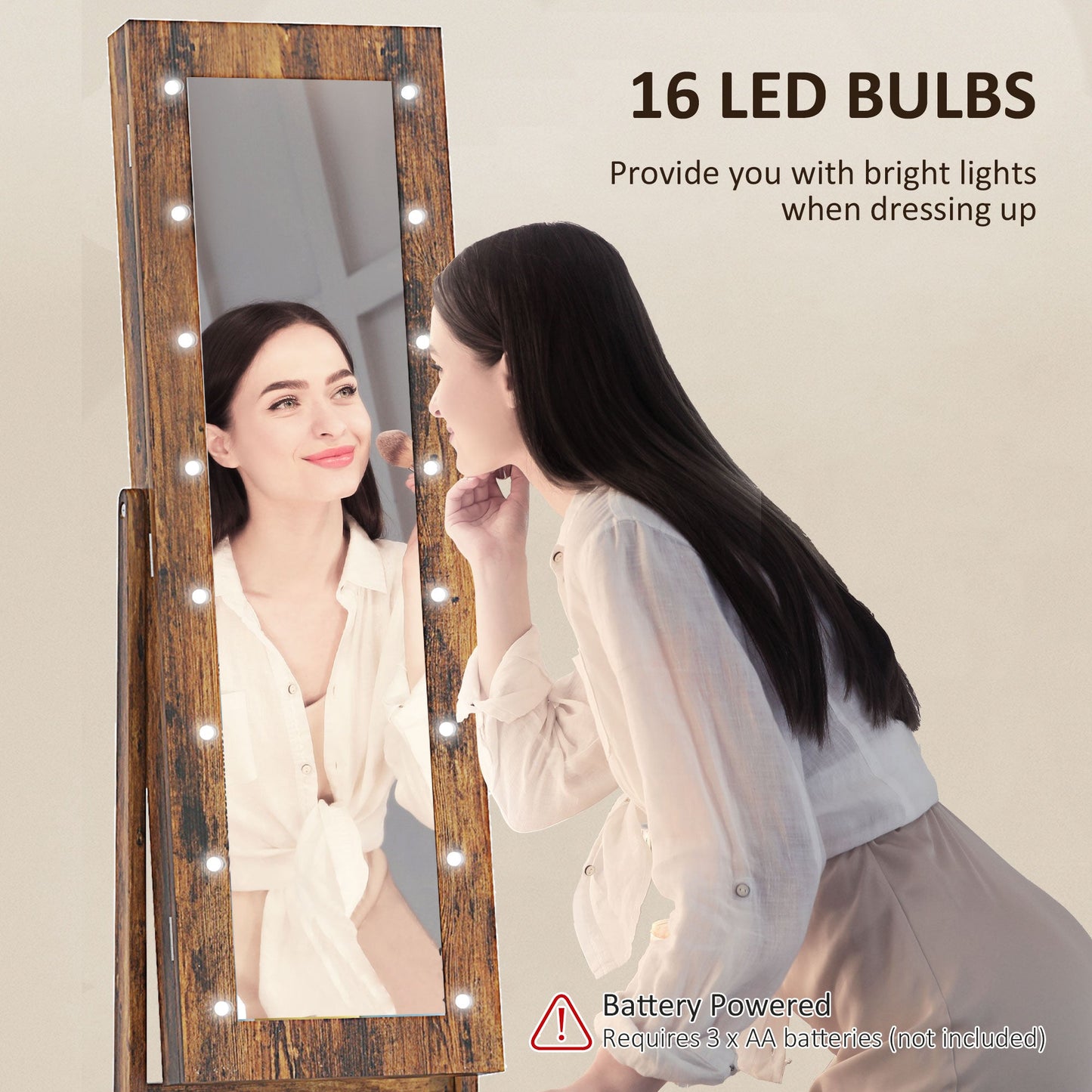 HOMCOM Freestanding Mirrored Jewellery Storage Cabinet - Wood-Effect