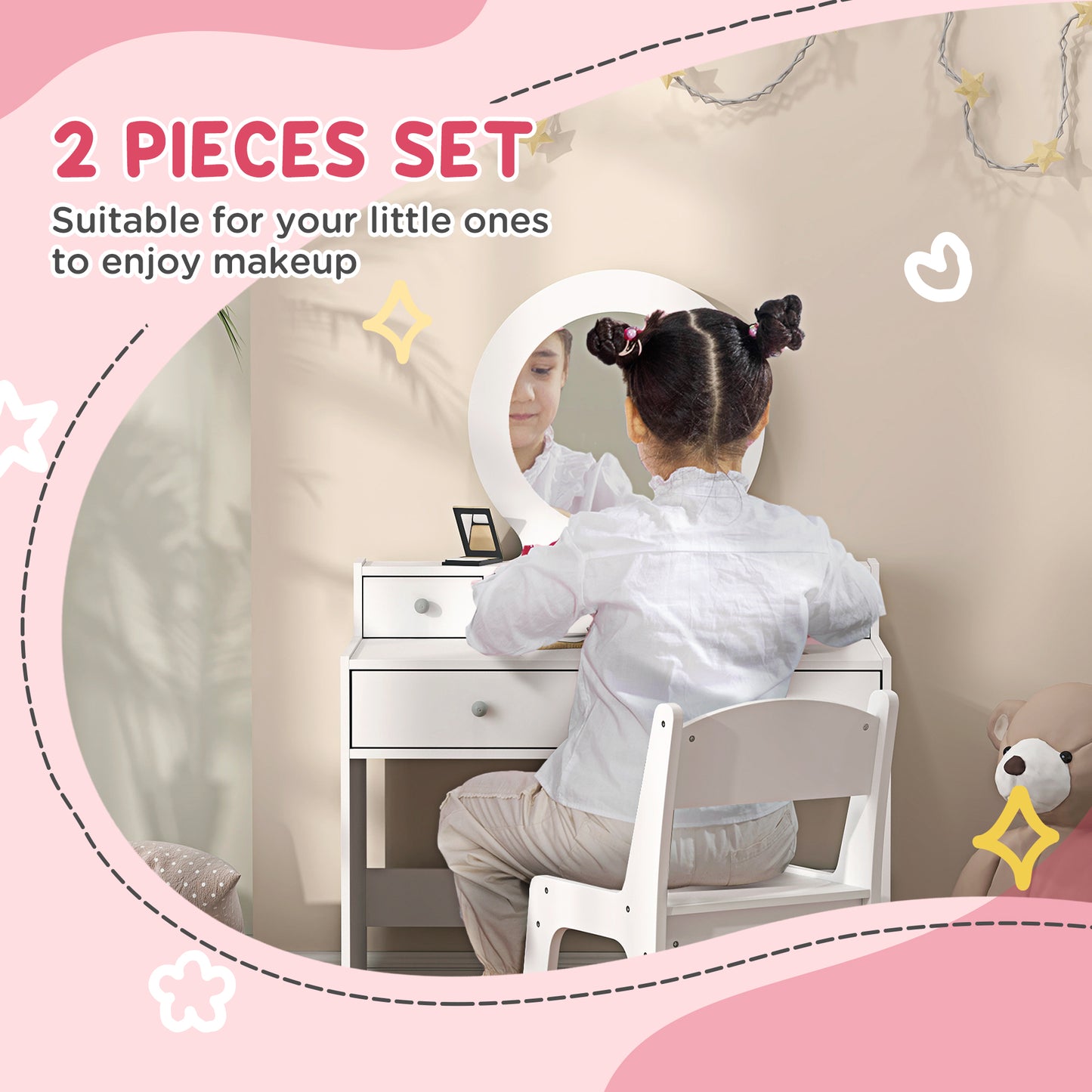 AIYAPLAY Kids Dressing Table Set Kids Make up Table with Stool and Mirror, Storage Drawers, Gift for Aged 3-8