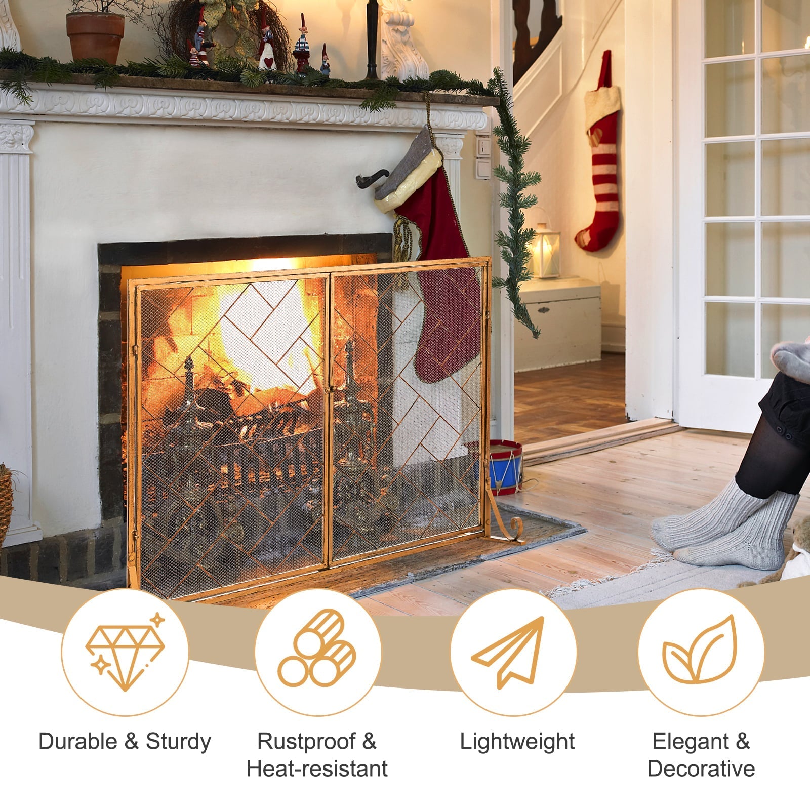 2-Panel Mesh Fireplace Screen with Double Magnetic Doors-Golden