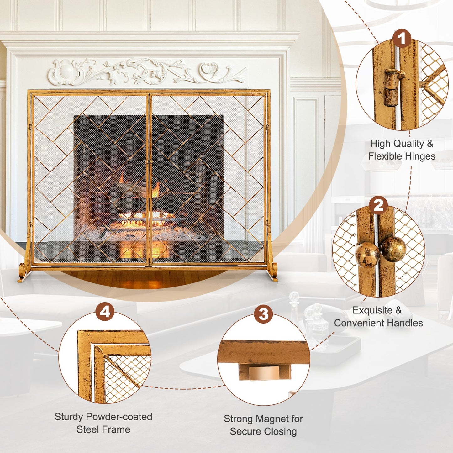 2-Panel Mesh Fireplace Screen with Double Magnetic Doors-Golden
