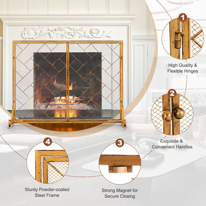 2-Panel Mesh Fireplace Screen with Double Magnetic Doors-Golden