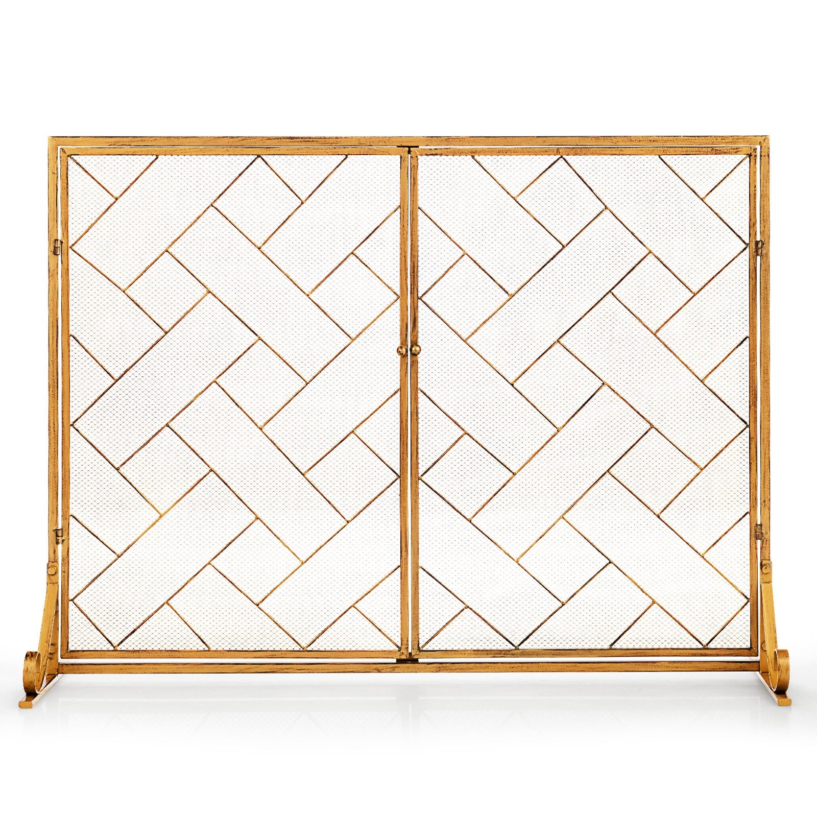 2-Panel Mesh Fireplace Screen with Double Magnetic Doors-Golden