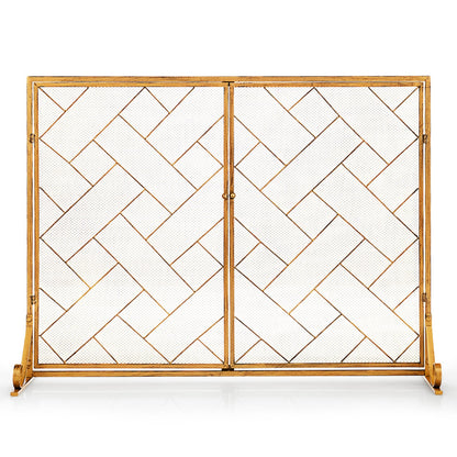2-Panel Mesh Fireplace Screen with Double Magnetic Doors-Golden