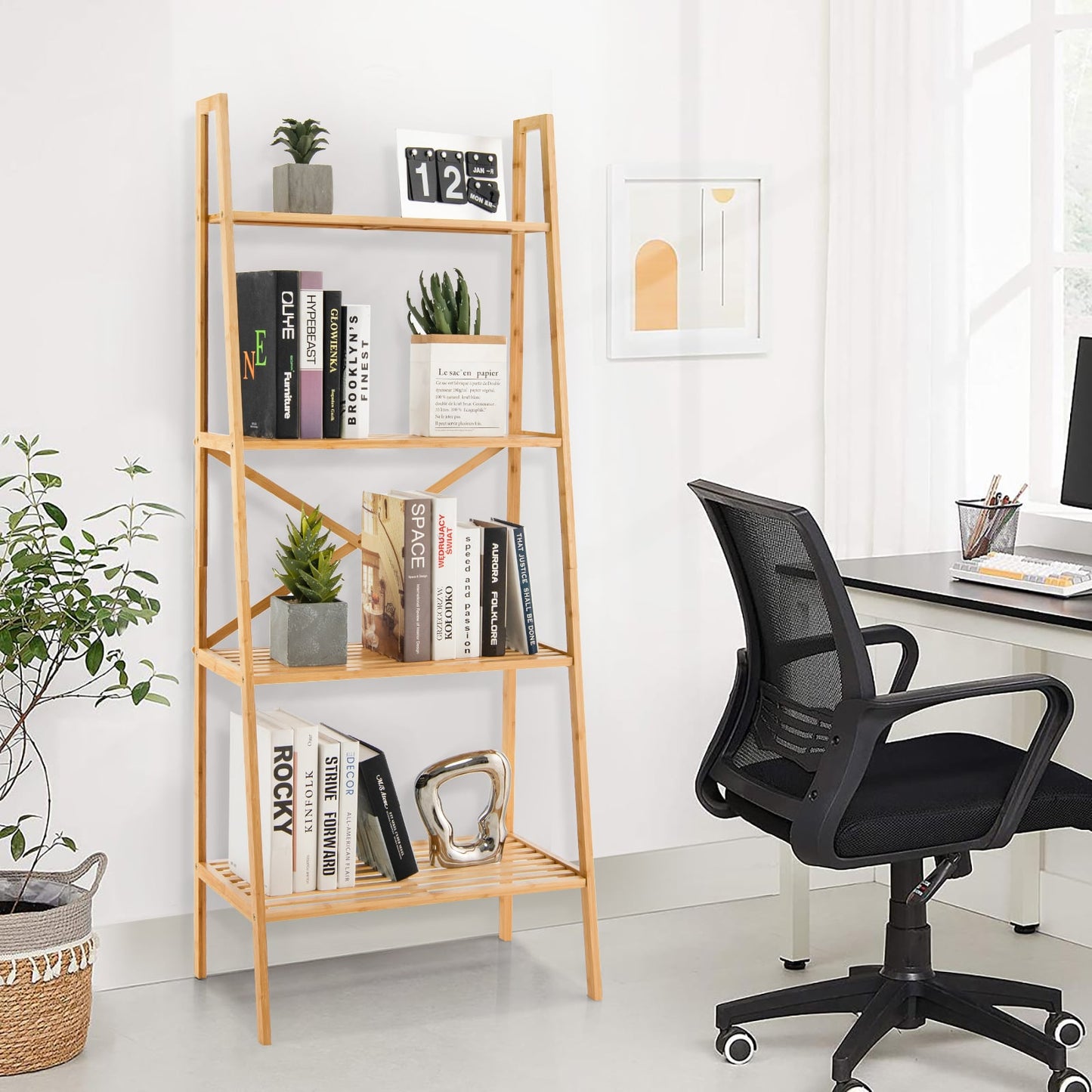 4-Tier Freestanding Bookcase with Anti-Toppling Device for Living Room-Natural
