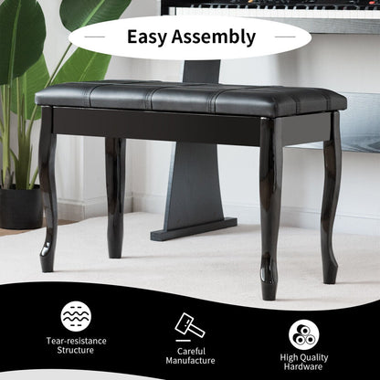 Leather Piano Bench with Storage Compartment and Wooden Legs-Black