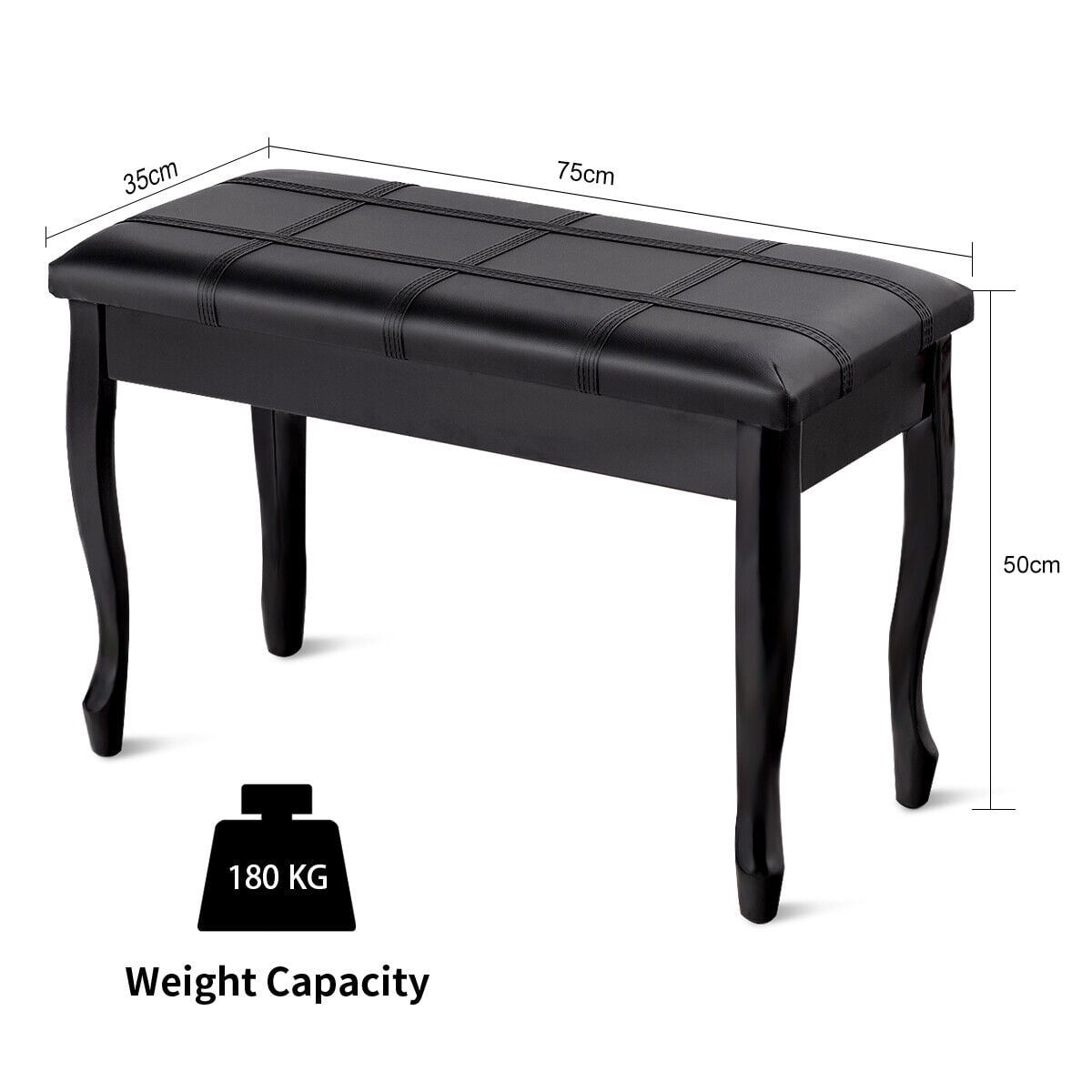Leather Piano Bench with Storage Compartment and Wooden Legs-Black