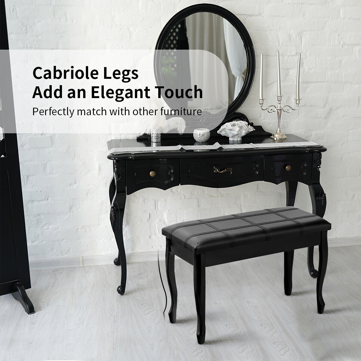 Leather Piano Bench with Storage Compartment and Wooden Legs-Black