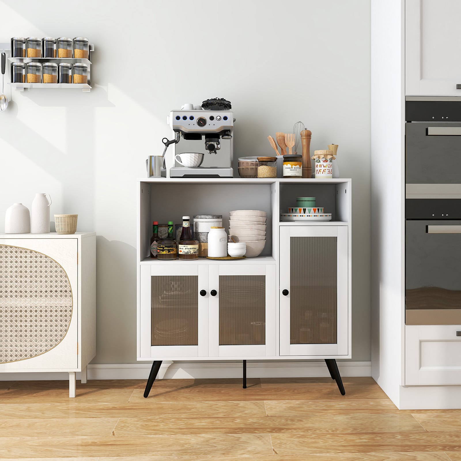 Industrial Wooden Kitchen Storage Cabinet with Tempered Glass Doors-White