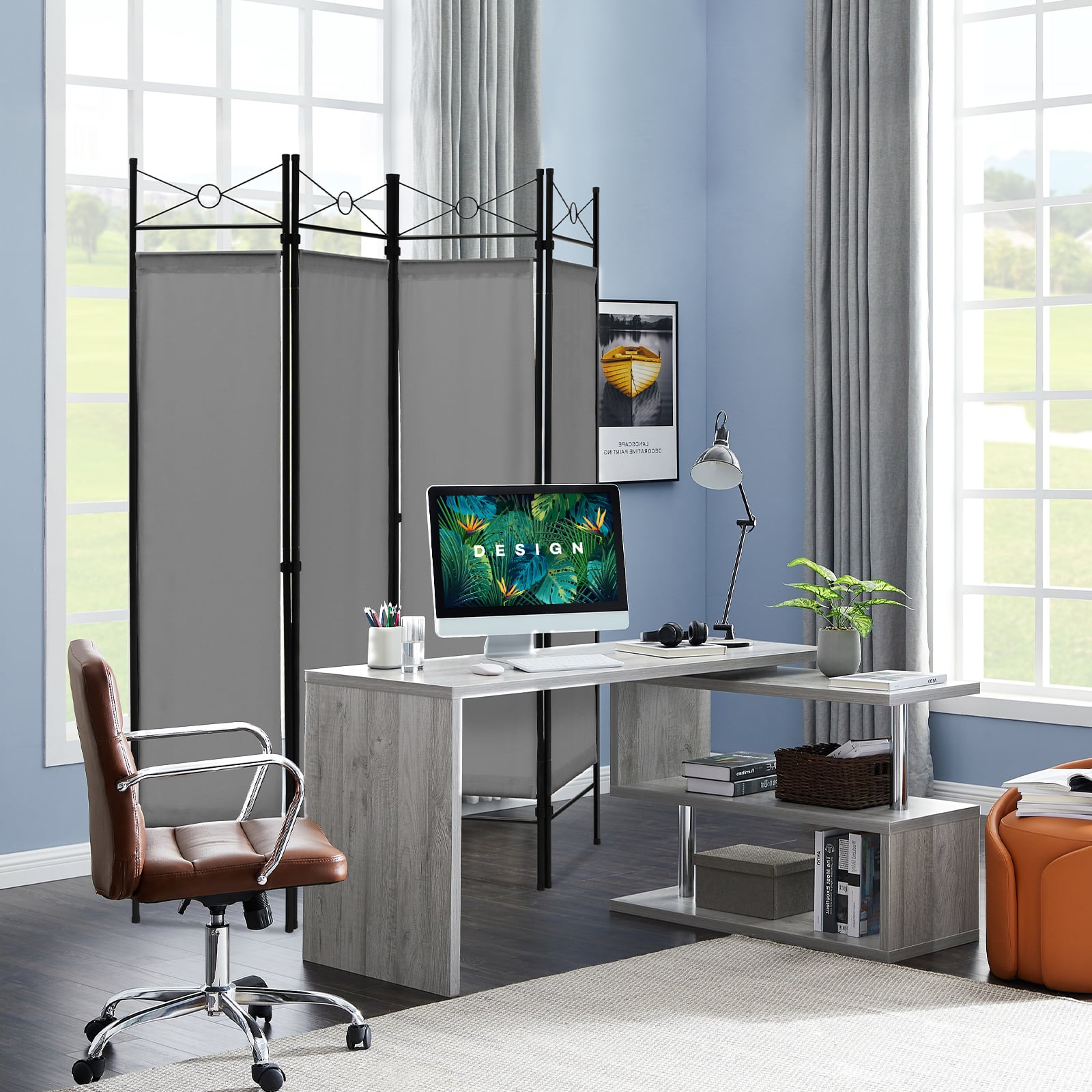 6 Feet 4-Panel Light Weight Room Divider with Polyester Cloth-Grey
