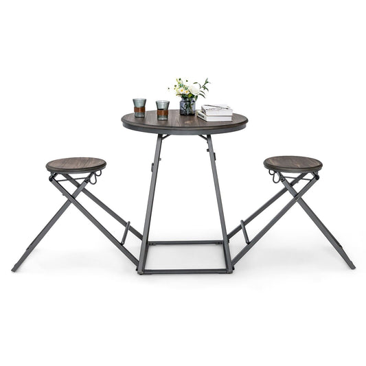 3-Piece Round Table and Stool Set with 2 Foldable Stools-Grey