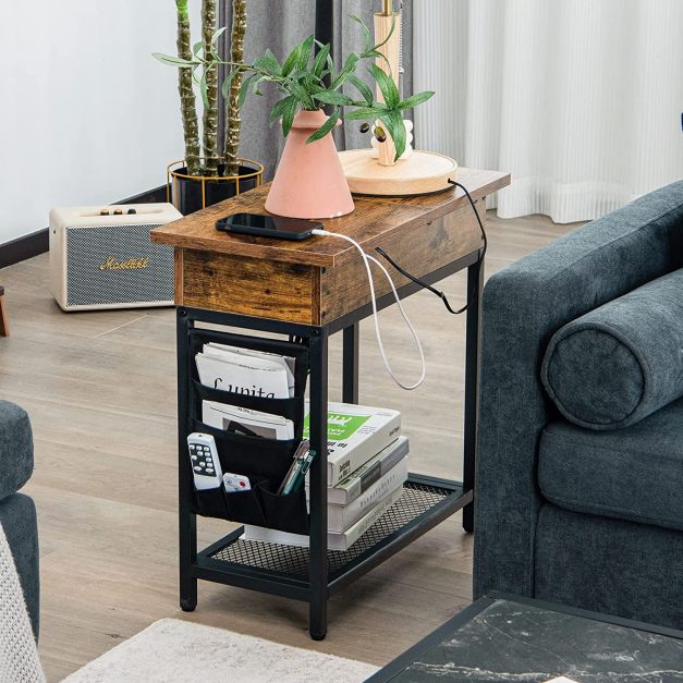 Industrial Slim Sofa Side Table with Charging Station and Flip Top