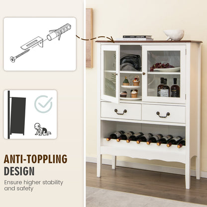 Wooden Kitchen Sideboard with Wine Rack 2 Glass Doors and Drawers-White