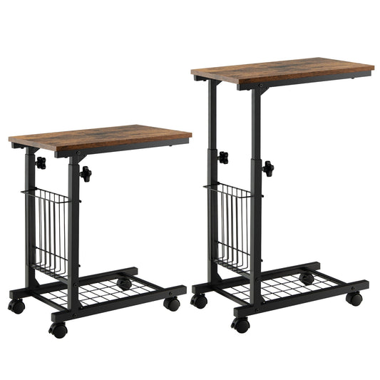C-shape Adjustable End Table with Storage Basket-Rustic Brown