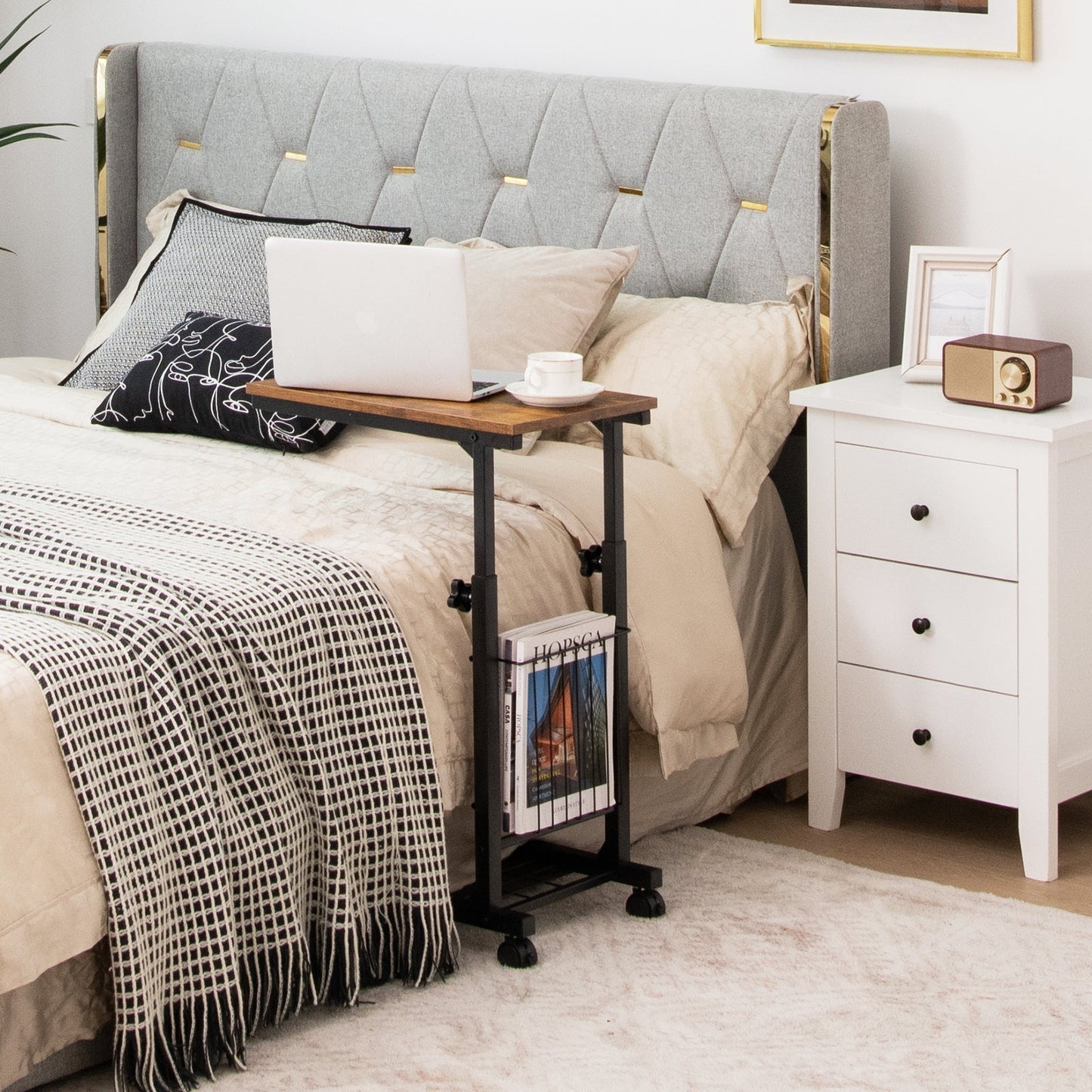 C-shape Adjustable End Table with Storage Basket-Rustic Brown