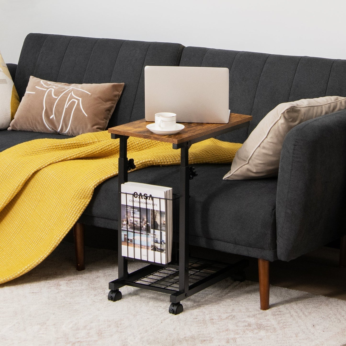 C-shape Adjustable End Table with Storage Basket-Rustic Brown
