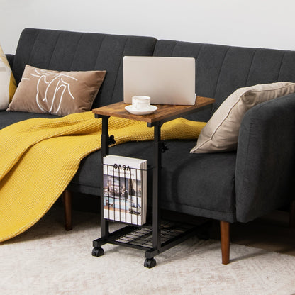 C-shape Adjustable End Table with Storage Basket-Rustic Brown