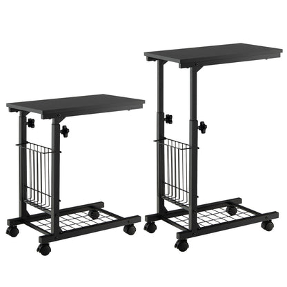 C-shape Adjustable End Table with Storage Basket-Black
