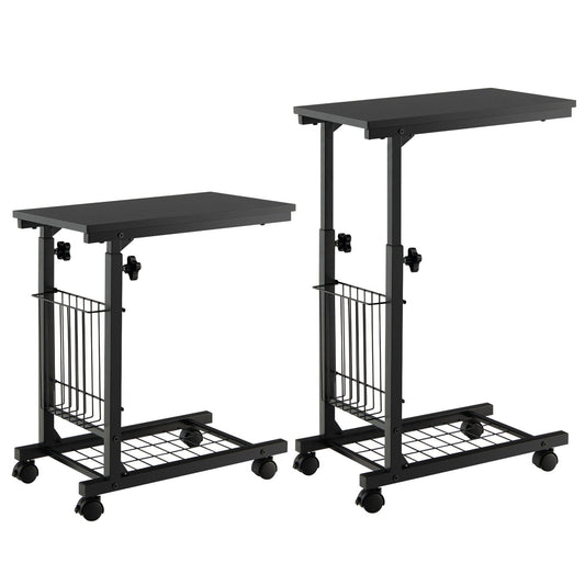 C-shape Adjustable End Table with Storage Basket-Black