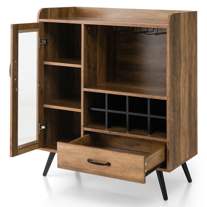 Wooden Wine Cabinet with Removable Wine Rack and Glass Holder-Brown