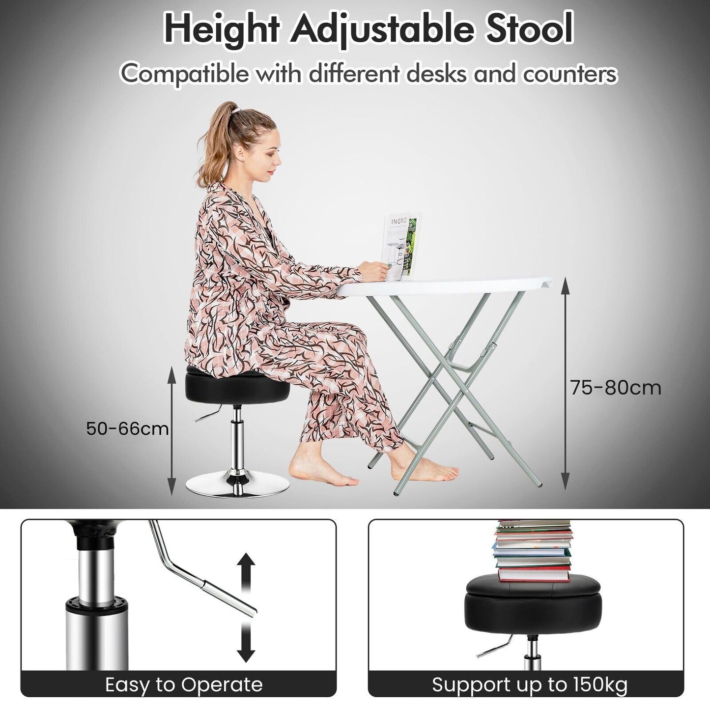 360° Swivel Vanity Stool with Removable Tray Lid-Black