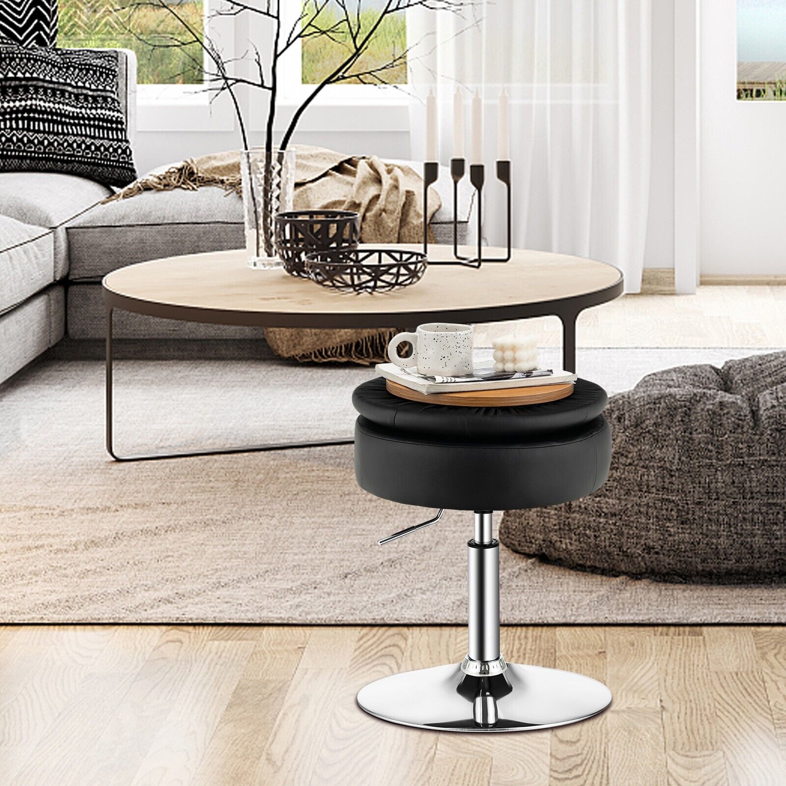 360° Swivel Vanity Stool with Removable Tray Lid-Black