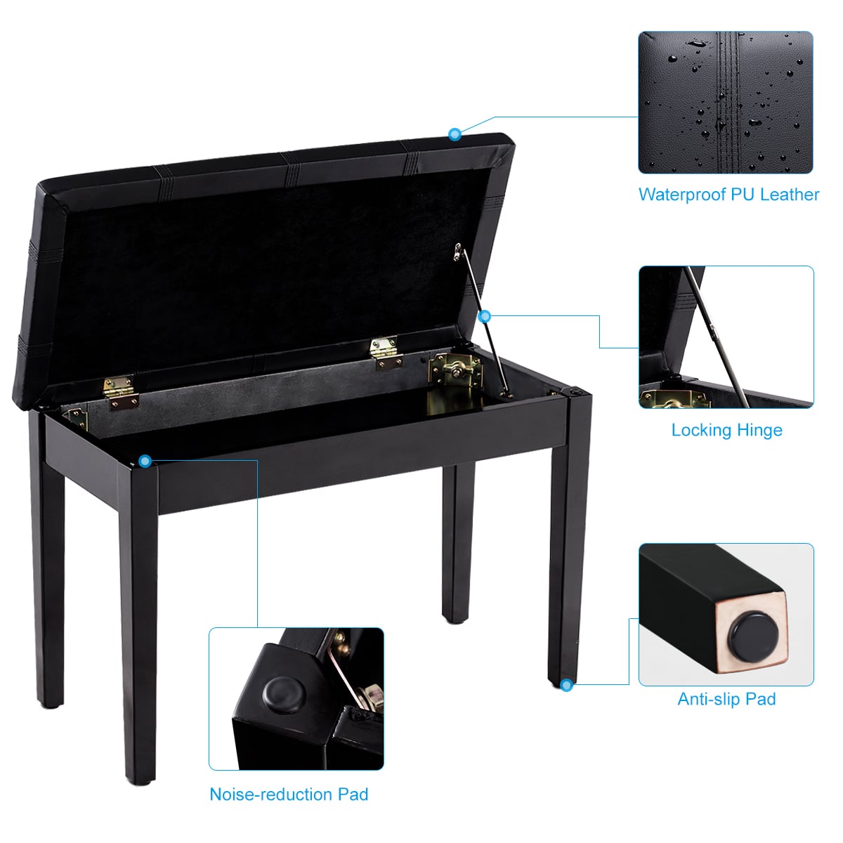 Wooden Duet Piano Bench with Padded Cushion and Music Storage-Black