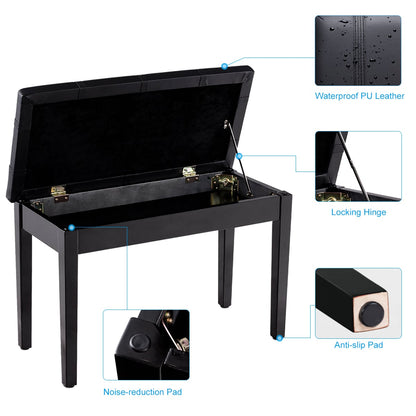 Wooden Duet Piano Bench with Padded Cushion and Music Storage-Black