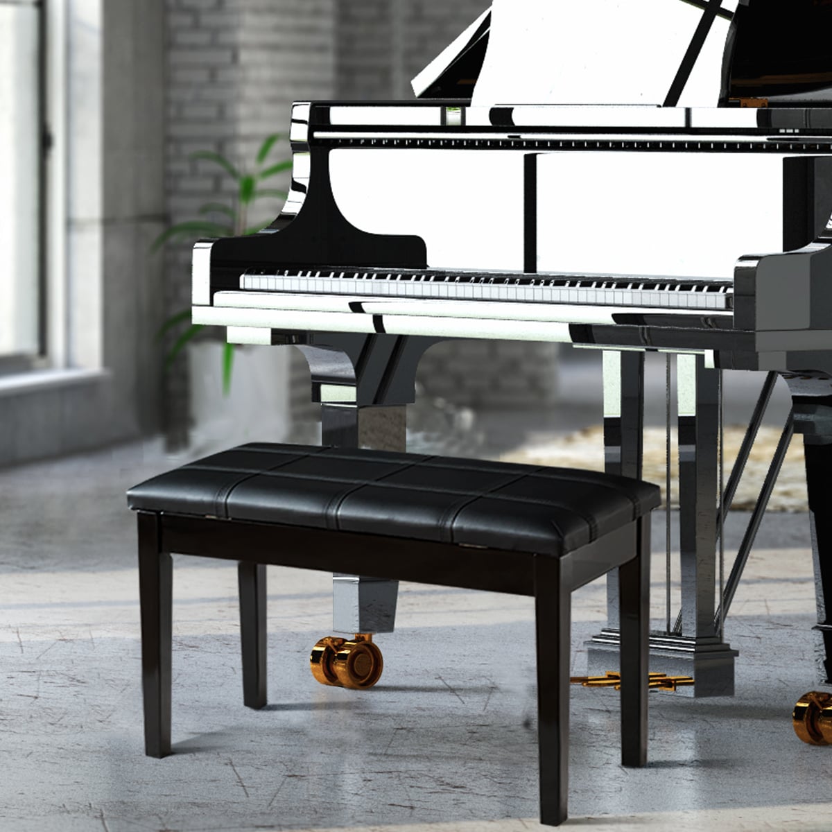 Wooden Duet Piano Bench with Padded Cushion and Music Storage-Black