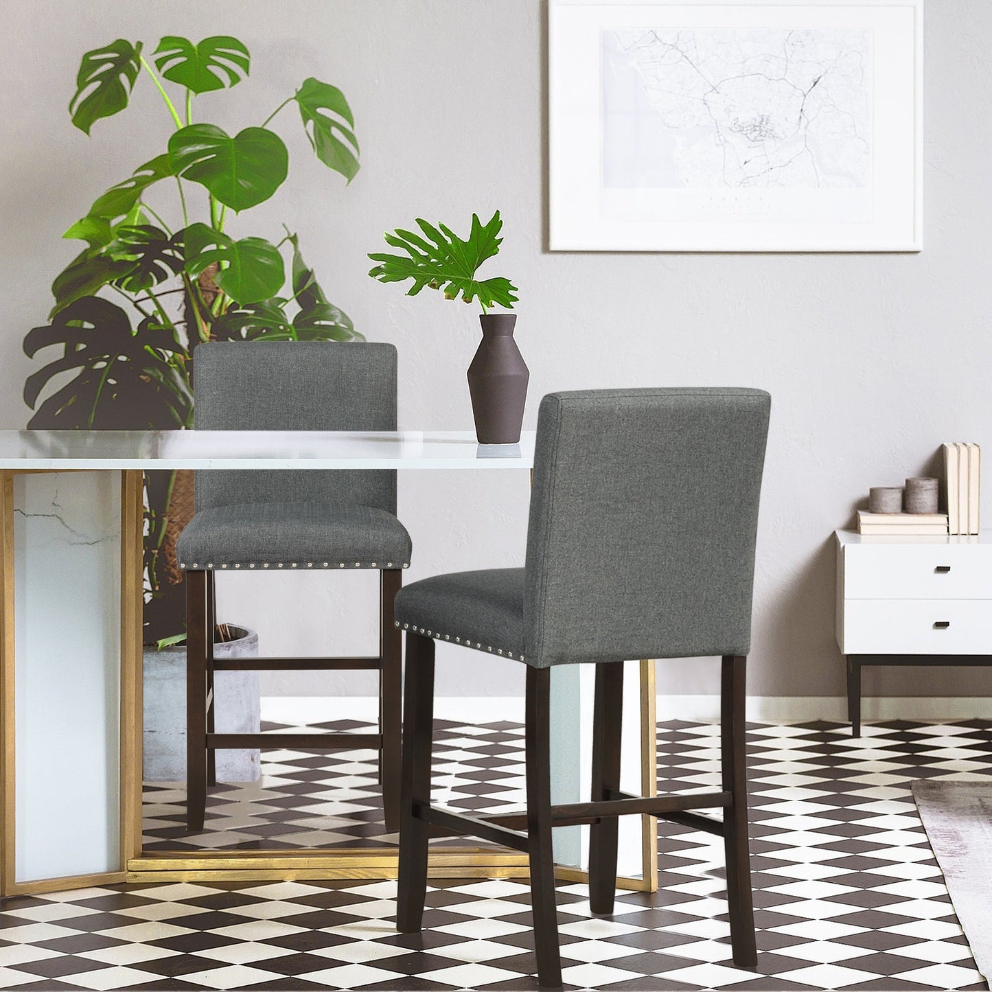 Upholstered Bar Stool Set of 2 for Dining Room Kitchen Restaurant-Grey