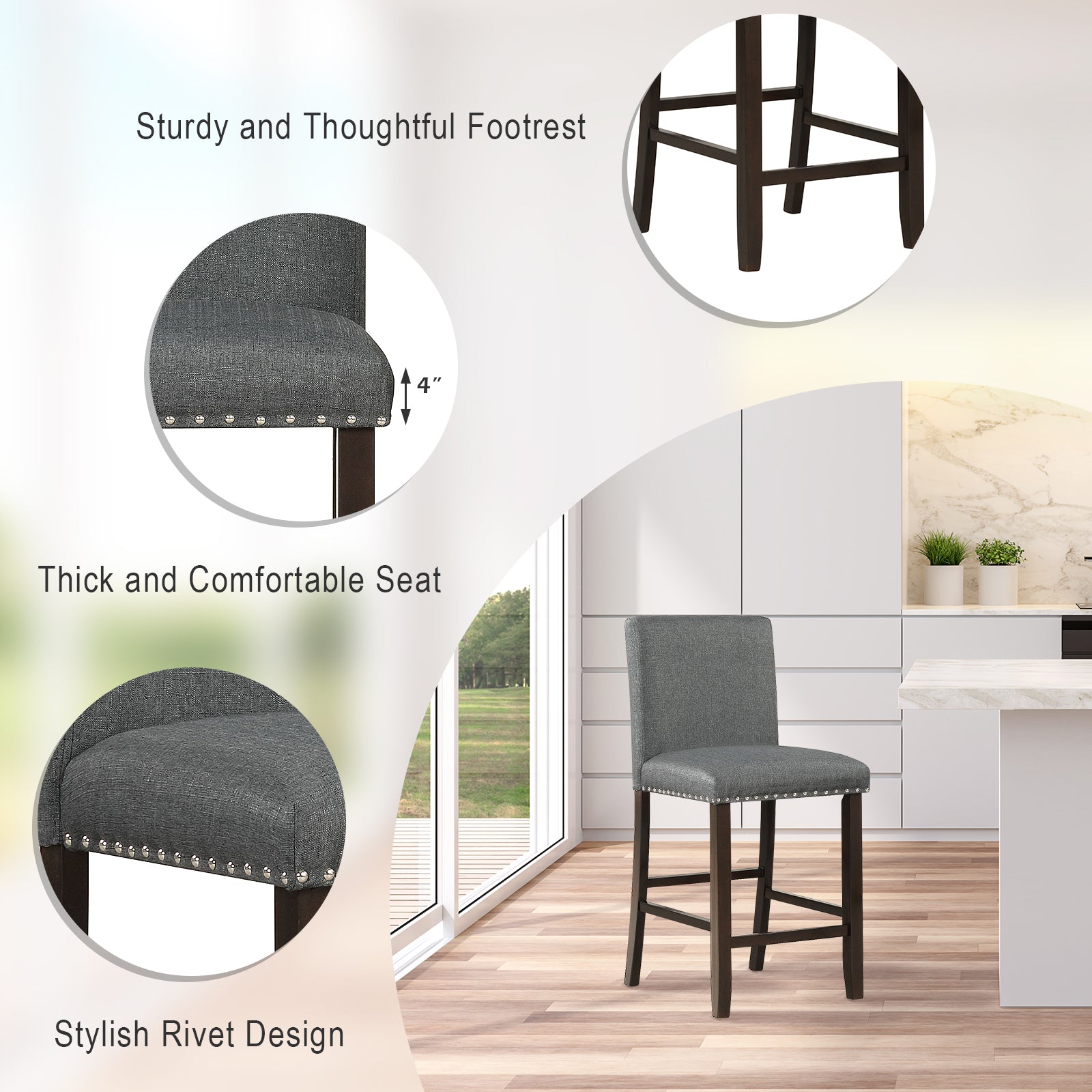 Upholstered Bar Stool Set of 2 for Dining Room Kitchen Restaurant-Grey