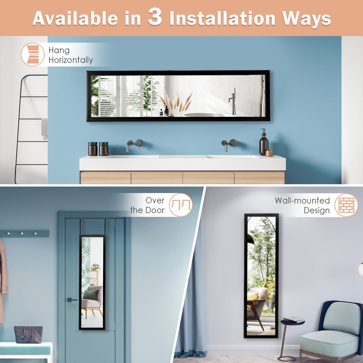 Full Length Over the Door Mirror with Hanging Hooks for Bedroom-Black