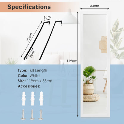 مرآة كاملة الطول فوق الباب مع خطافات تعليق لغرفة النوم - بيضاء
