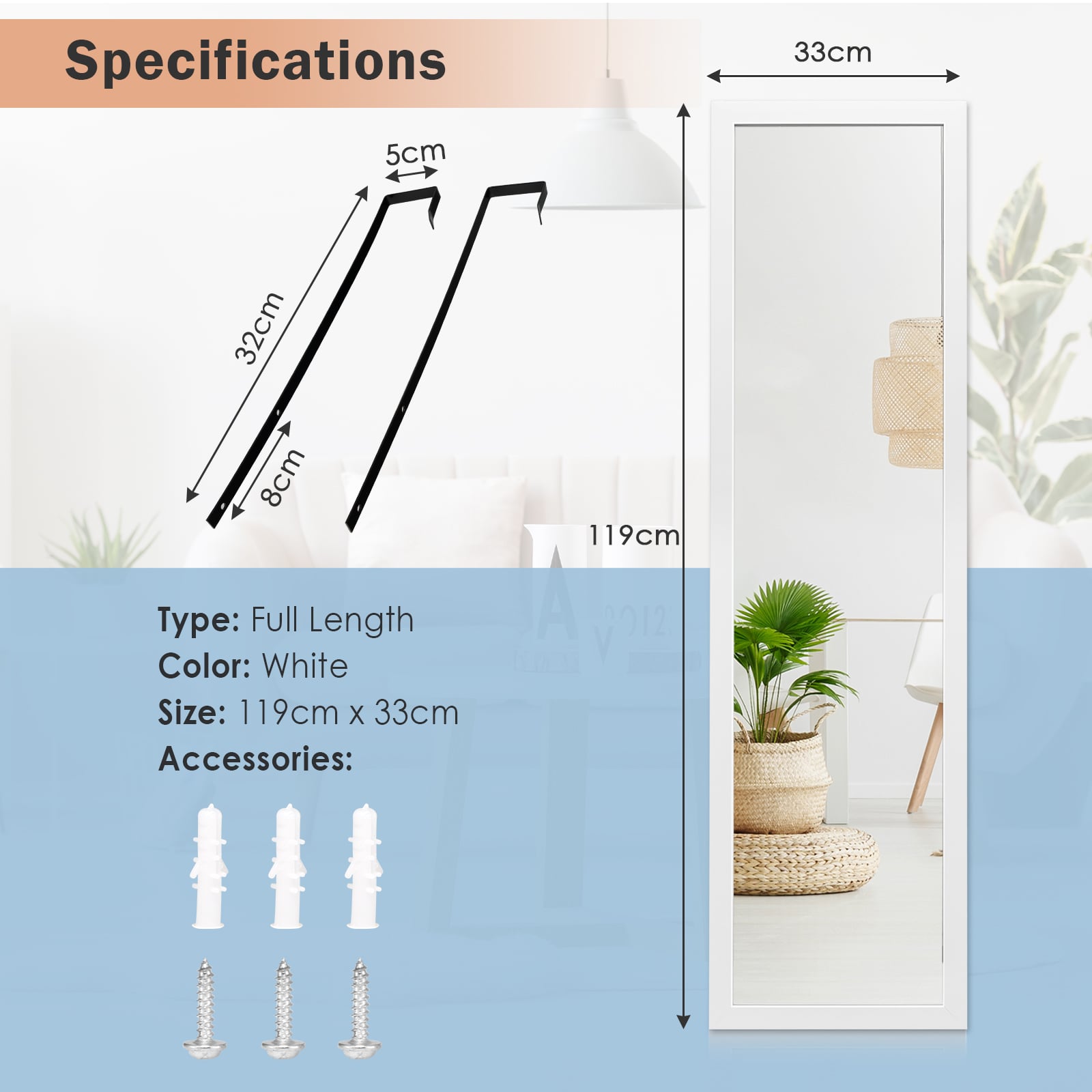 Full Length Over the Door Mirror with Hanging Hooks for Bedroom-White