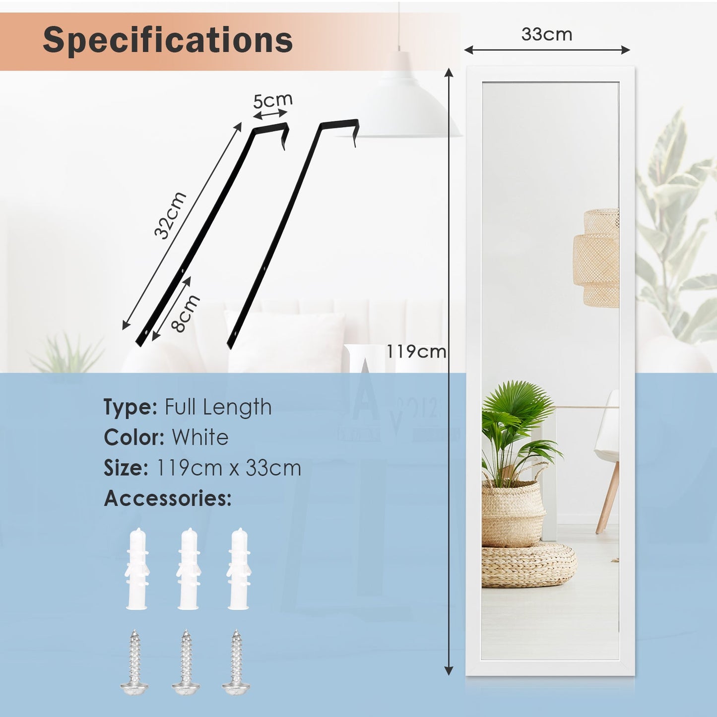 Full Length Over the Door Mirror with Hanging Hooks for Bedroom-White