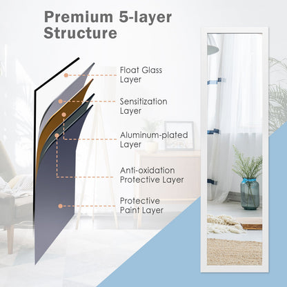 Full Length Over the Door Mirror with Hanging Hooks for Bedroom-White