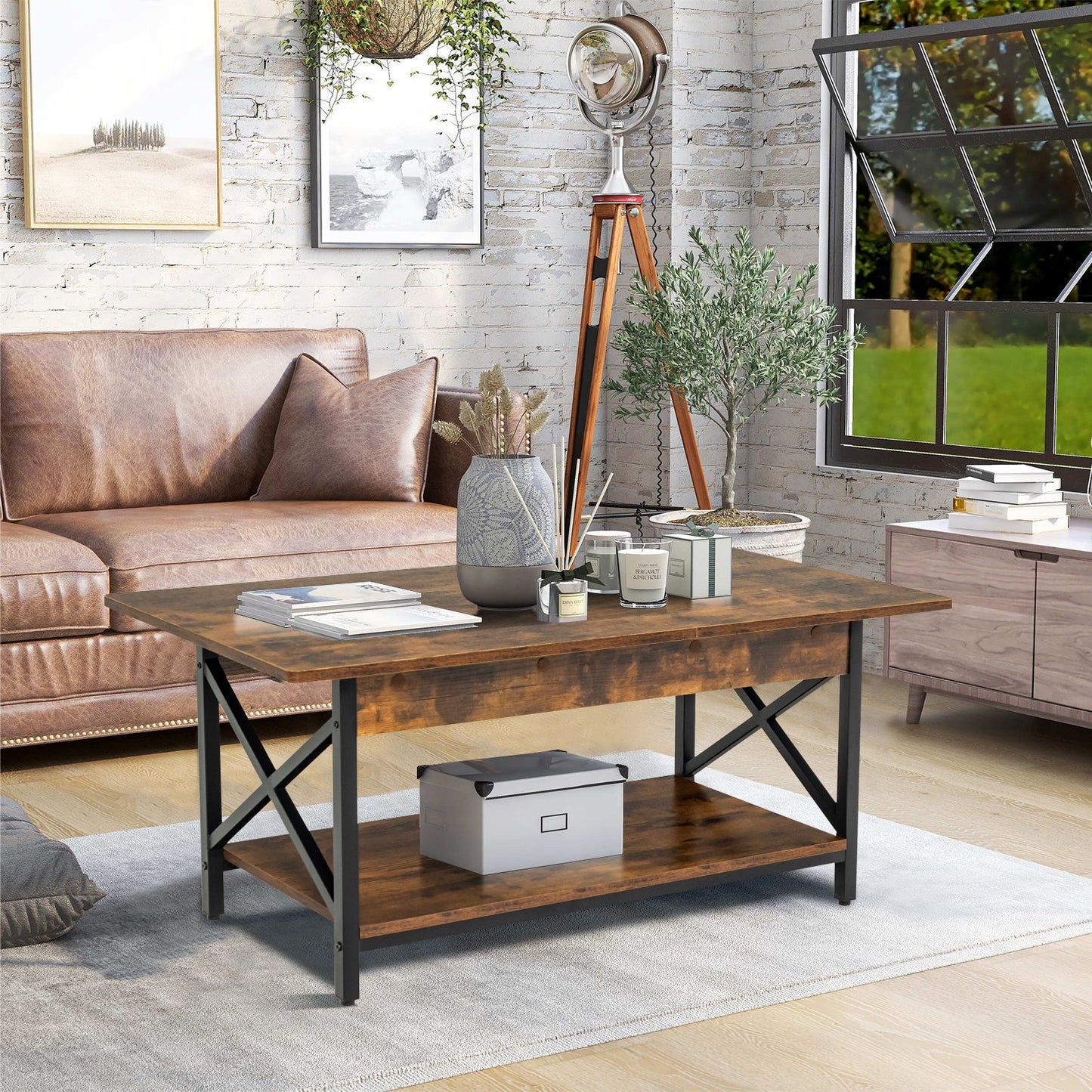 2-Tier Industrial Coffee Table for Living Room Bedroom Office-Rustic Brown