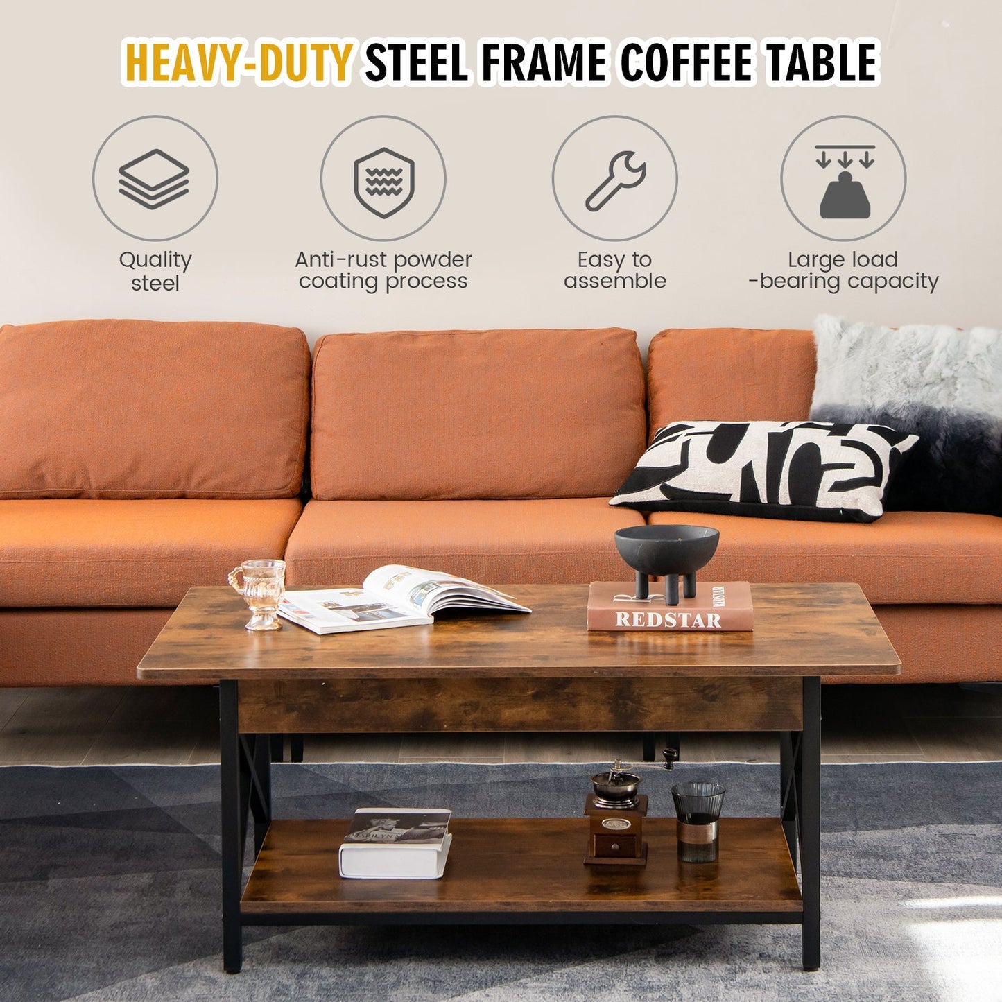 2-Tier Industrial Coffee Table for Living Room Bedroom Office-Rustic Brown