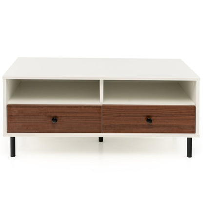 Rectangle Sofa Tea Table with Sturdy Metal Legs for Home Office-White