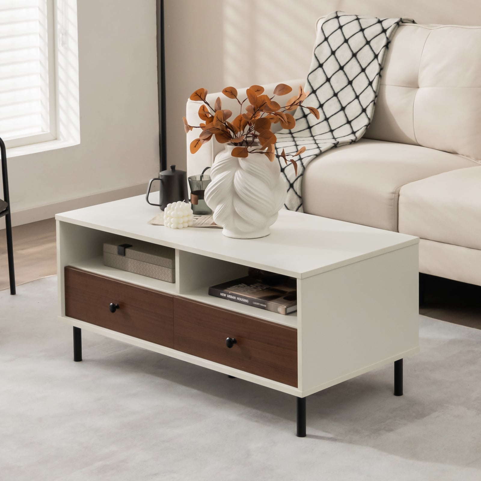 Rectangle Sofa Tea Table with Sturdy Metal Legs for Home Office-White