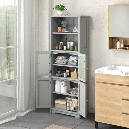 Freestanding Storage Cabinet with Tempered Glass Door and Open Shelves-Grey