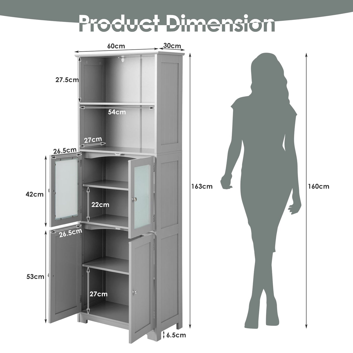 Freestanding Storage Cabinet with Tempered Glass Door and Open Shelves-Grey