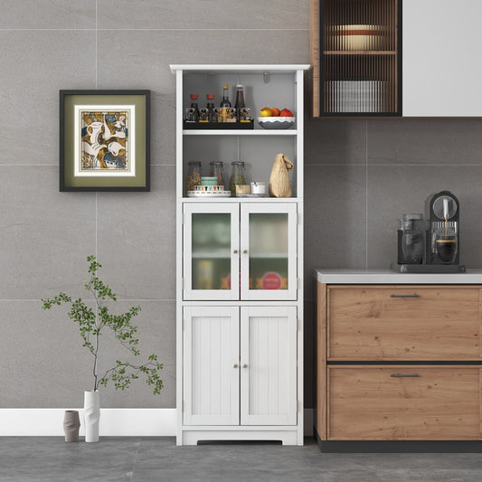 Freestanding Storage Cabinet with Tempered Glass Door and Open Shelves-White