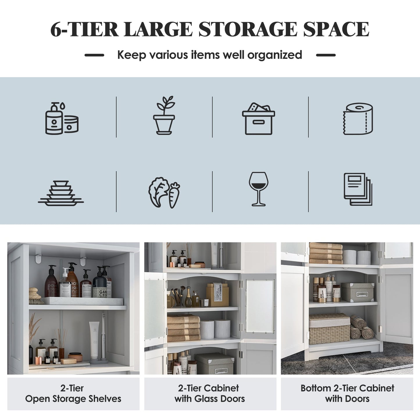 Freestanding Storage Cabinet with Tempered Glass Door and Open Shelves-White
