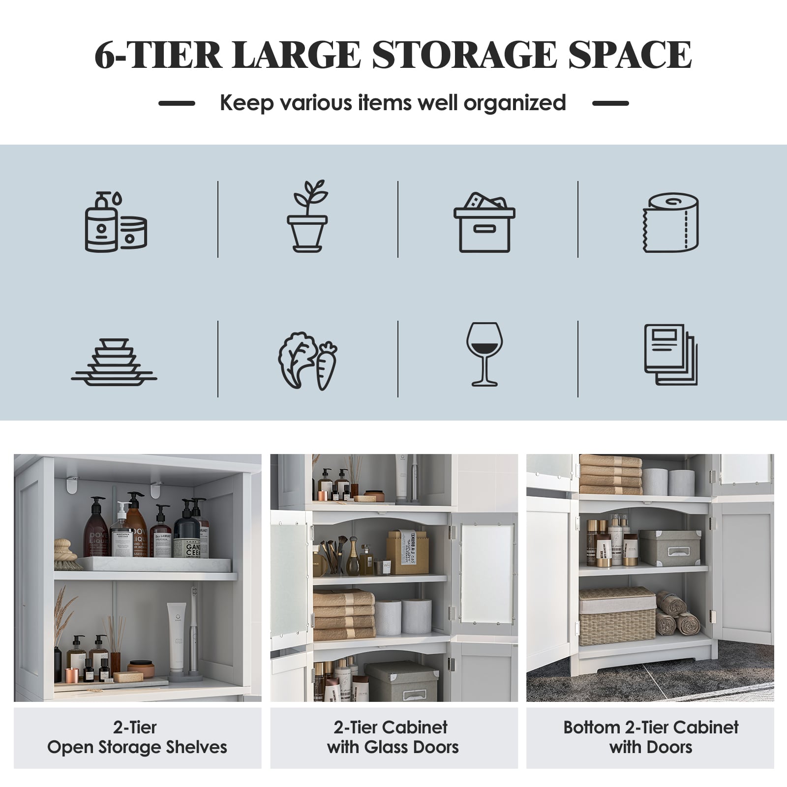 Freestanding Storage Cabinet with Tempered Glass Door and Open Shelves-White