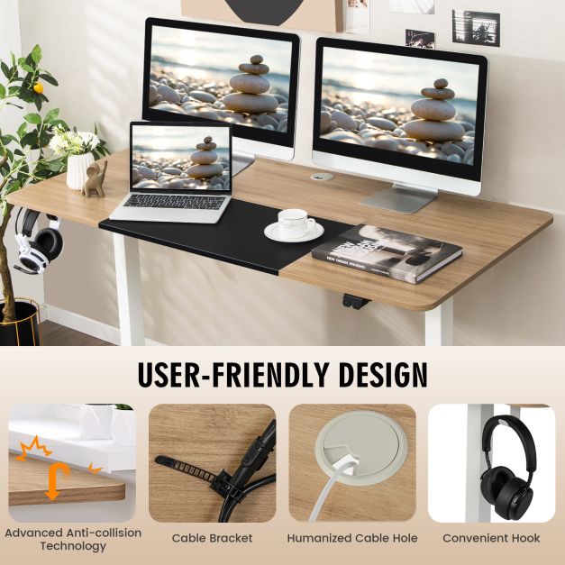 Height Adjustable Home Office Computer Desk with Headphone Hook-Natural
