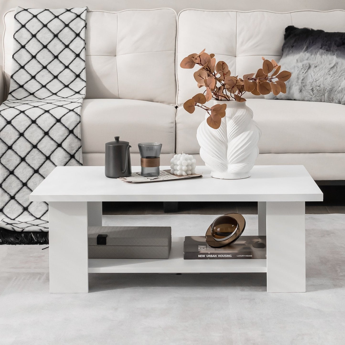 2-Tier Wooden Coffee Table with Storage Shelf and 5 Support Legs-White